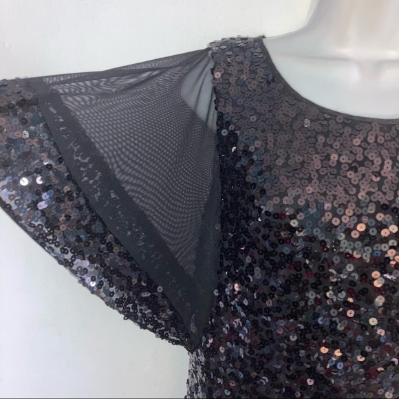 Ignite Black Sequin Stretch Sheer Flutter Short Sleeve Dress 6 - Picture 6 of 13
